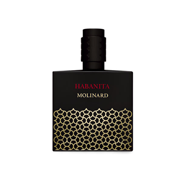 A black rectangular bottle labeled “Moinard Habanita 100ml Edition Exclusive” by Molinard, with gold geometric accents and a textured black cap, sits on a white background, reflecting its chypre floral fragrance.