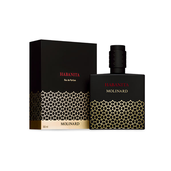 The Molinard Habanita 100ml Edition Exclusive features a black rectangular bottle and box with gold geometric patterns and red-gold text, showcasing a minimalist, elegant design for this chypre floral eau de parfum.