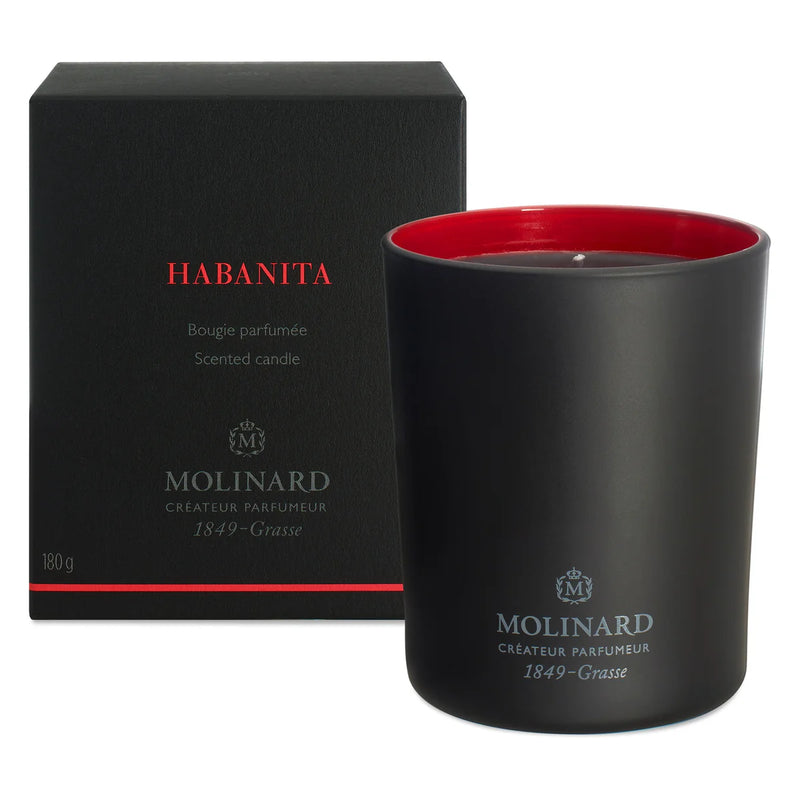 The Molinard Candle - Habanita by Molinard offers a powdery aroma in a black vessel with red interior and silver lettering, paired with an elegant box for a sophisticated look.