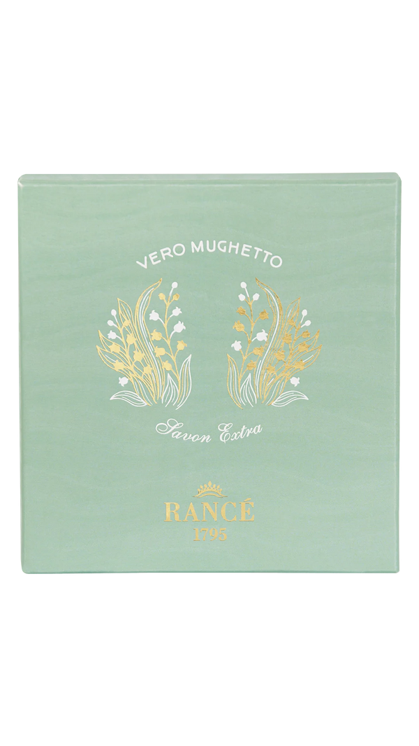 The Rancé Classic Soap - Lily of the Valley Vero Mughetto features an elegant green box with gold-embossed lily-of-the-valley designs and decorative lettering, capturing the essence of a single note soap.