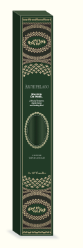 The Archipelago Maison de Noel Tapered Candle Set by Archipelago Botanicals comes in a tall, rectangular dark green box with gold and beige patterns and "ARCHIPELAGOS" printed vertically, perfect for gifting evergreen-scented candles.