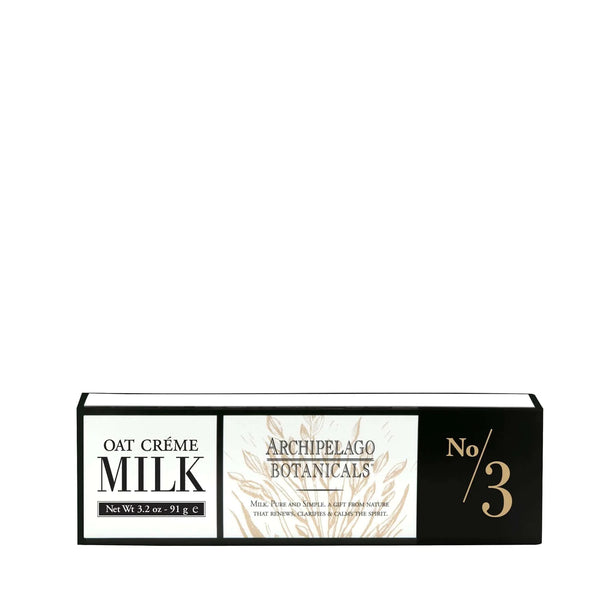 Archipelago Botanicals Oat Milk Hand Crème, No. 3, comes in a rectangular box with wheat artwork and black, white, and gold accents. Features aloe and jojoba esters. Net wt: 3.2 oz (91 g).