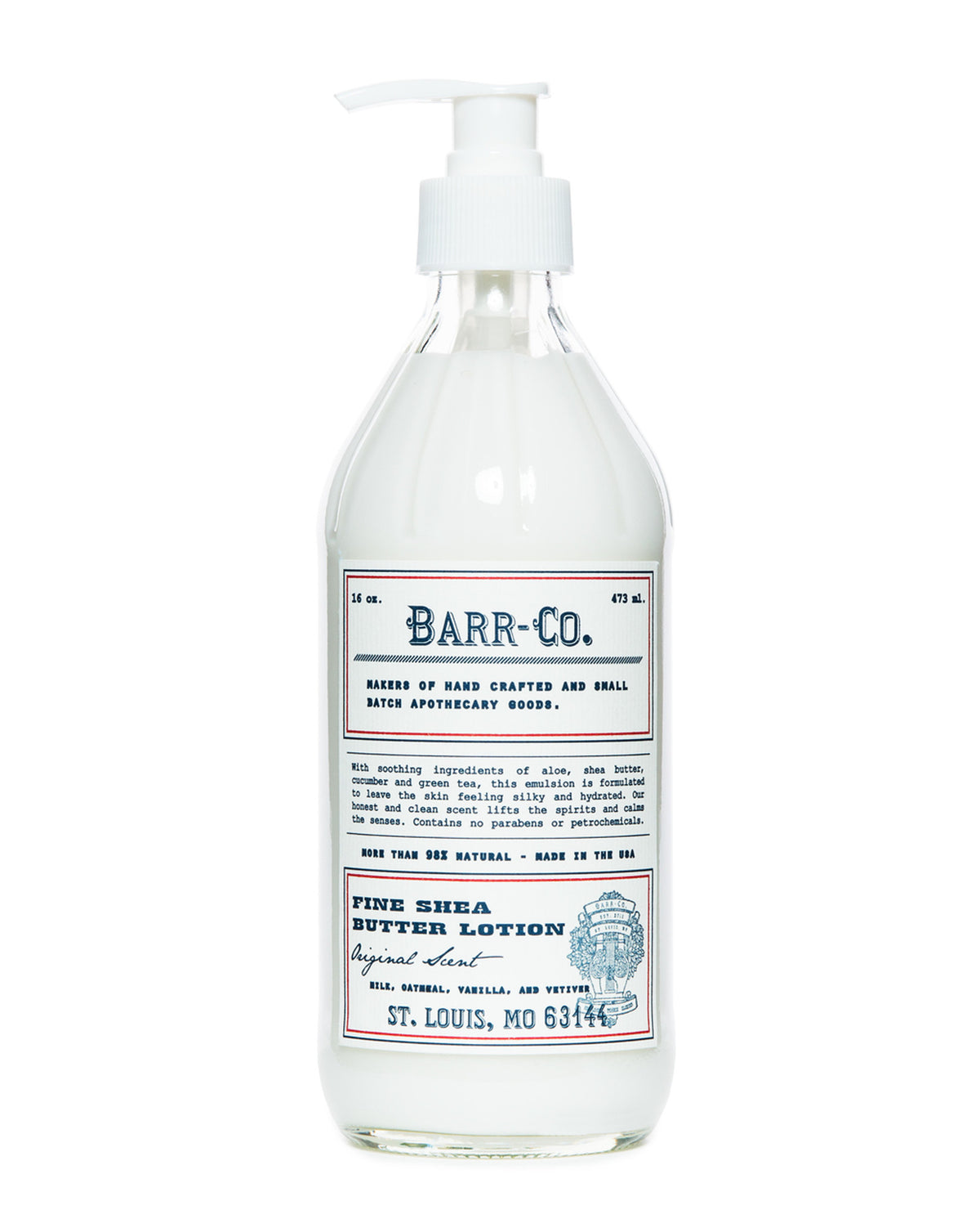 A transparent glass bottle equipped with a pump dispenser and labeled "Barr-Co." contains the Barr-Co. Original Scent Shea Butter Lotion - 20 oz, enriched with natural plant extracts. The label highlights words such as "handcrafted," "made in the USA," and "St. Louis, MO 63144," alongside small decorative elements, underscoring its nourishing qualities.