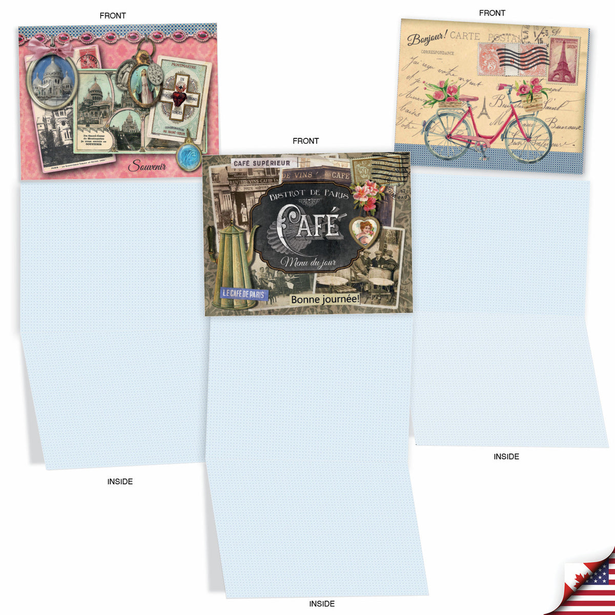 The Best Card Co.’s All Occasion Boxed Note Cards – Papiers De Paris includes three vintage French designs: Paris landmarks, a chalkboard café sign, and a pink bicycle with US flag & flowers. All cards are blank inside for your messages.
