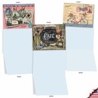 The Best Card Co.’s All Occasion Boxed Note Cards – Papiers De Paris includes three vintage French designs: Paris landmarks, a chalkboard café sign, and a pink bicycle with US flag & flowers. All cards are blank inside for your messages.