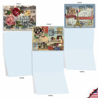 The Best Card Co. All Occasion Boxed Note Cards - Papiers De Paris features three vintage-style cards with Parisian collage designs—roses, Eiffel Tower, and souvenirs—blank inside, ideal for messages or your stationery collection.
