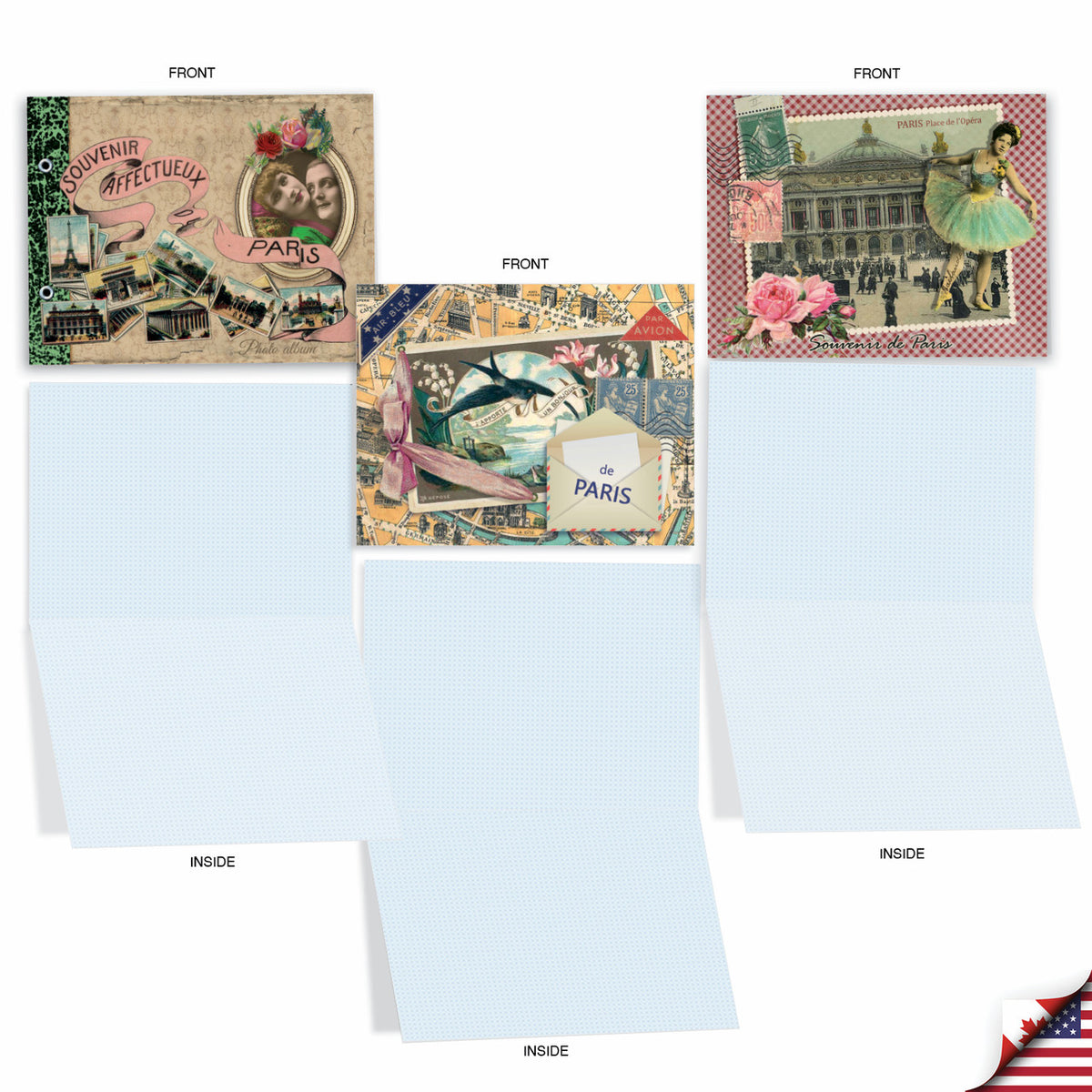 The Best Card Co.'s All Occasion Boxed Note Cards – Papiers De Paris features three vintage-style cards with unique Paris collages and blank interiors—ideal for personalized notes or collectors of vintage correspondence.