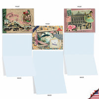 The Best Card Co.'s All Occasion Boxed Note Cards – Papiers De Paris features three vintage-style cards with unique Paris collages and blank interiors—ideal for personalized notes or collectors of vintage correspondence.