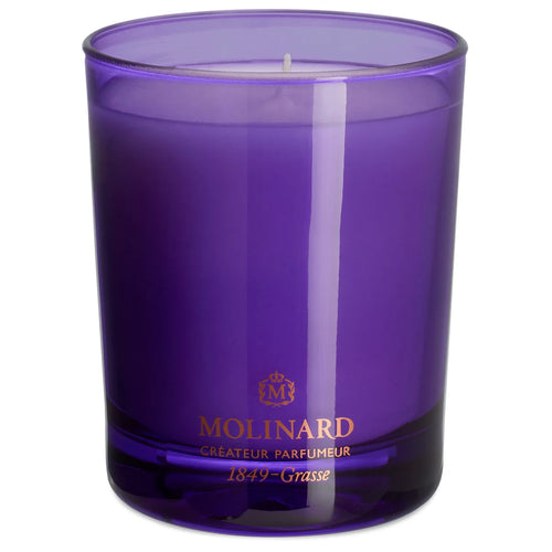The Molinard Candle - Patchouly by Molinard features a purple glass holder with a white candle, gold "Molinard Créateur Parfumeur 1849 - Grasse" label, and brings a complex patchouli aroma to your home collection.