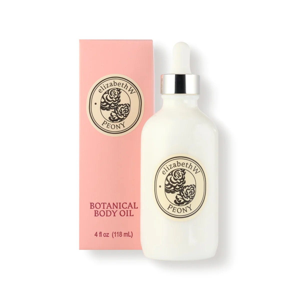 A white dropper bottle labeled "elizabeth W Botanist's Scent Lab Peony Body Oil" sits next to a pink box featuring the same logo. The text reads "Botanical Massage Oil" and indicates its volume as "4 fl oz (118 mL)," emphasizing its purpose for skin hydration.