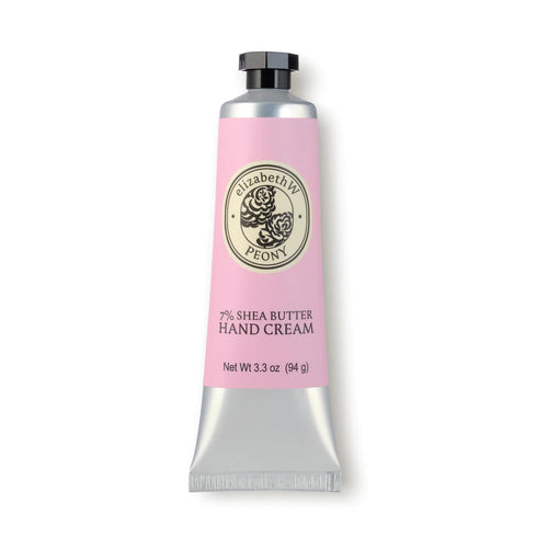 A 3.3 oz (94 g) tube of elizabeth W Botanist's Scent Lab Peony Hand Cream is shown. The hydrating hand cream, from the brand elizabethW, features a pink label with a decorative logo adorned with peonies and comes with a black twist cap.