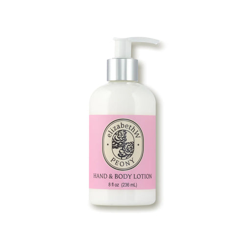 A white bottle of elizabeth W Botanist's Scent Lab Peony Hand & Body Lotion with a silver pump. The label has a light pink background and features an oval logo with floral design. Infused with shea butter, the text on the label reads "HAND & BODY LOTION" and "8 fl oz (236 mL).