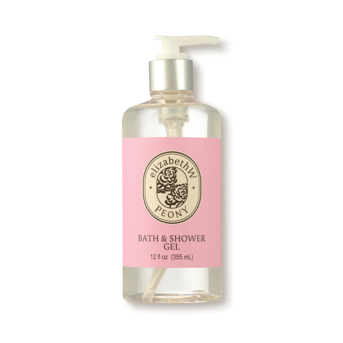 The clear bottle with a pump dispenser showcases a pink label featuring the brand "elizabeth W" and an elegant logo. This luxurious shower gel, titled "elizabeth W Botanist's Scent Lab Peony," provides 12 fl oz (355 mL) of indulgent bath bliss.