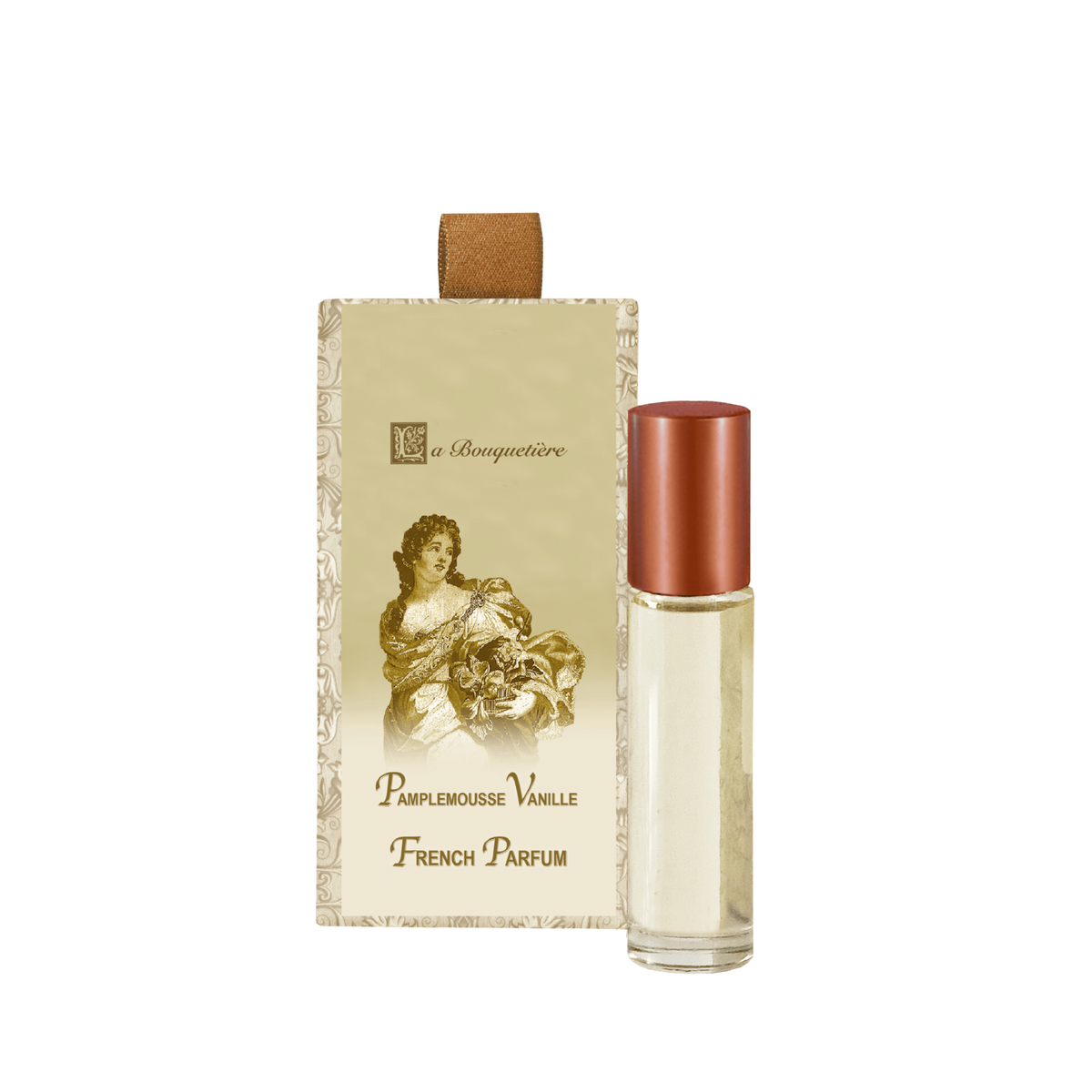 A bottle of La Bouquetiere Pamplemousse Vanille French Perfume Roll On beside its elegant beige packaging adorned with a vintage illustration of a woman holding flowers, embodies a unisex fragrance.