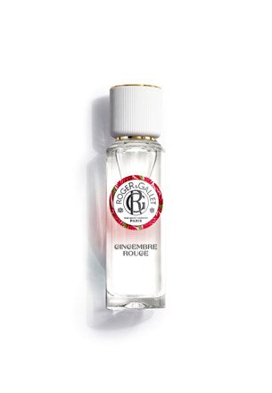 A clear glass bottle of Roger & Gallet Red Ginger Wellbeing Water (1oz), featuring a white cap and gold accents, is shown upright against a white background.