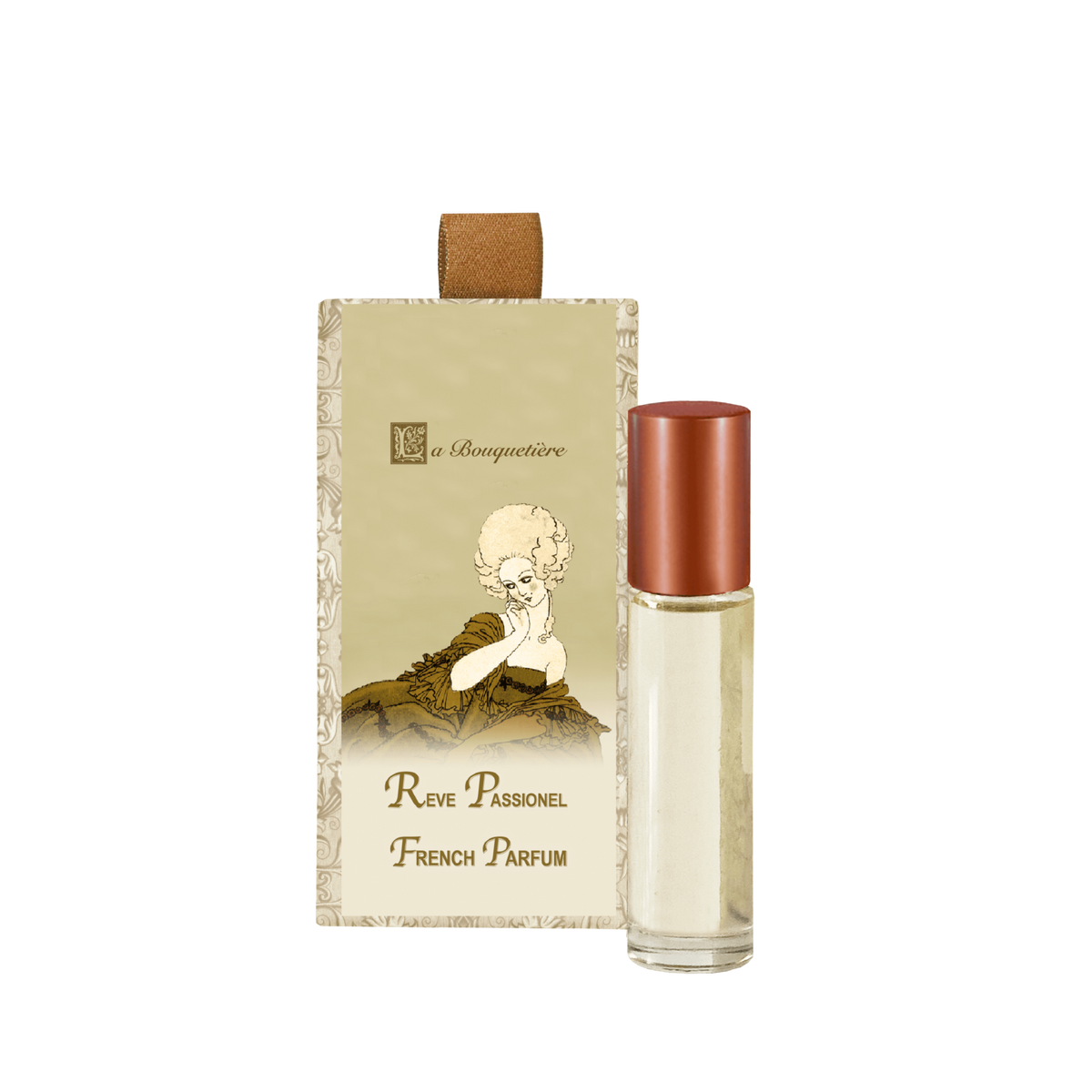 A La Bouquetiere Reve Passionnel Perfume Roller bottle alongside its packaging, which features a vintage-style illustration of a cherub on a beige background.