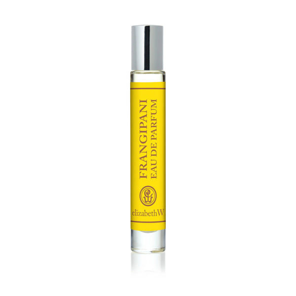 The elizabeth W Botanist's Scent Lab Frangipani Rollerball stands upright against a white background, its sleek design highlighting a vibrant, exotic floral fragrance from elizabeth W.