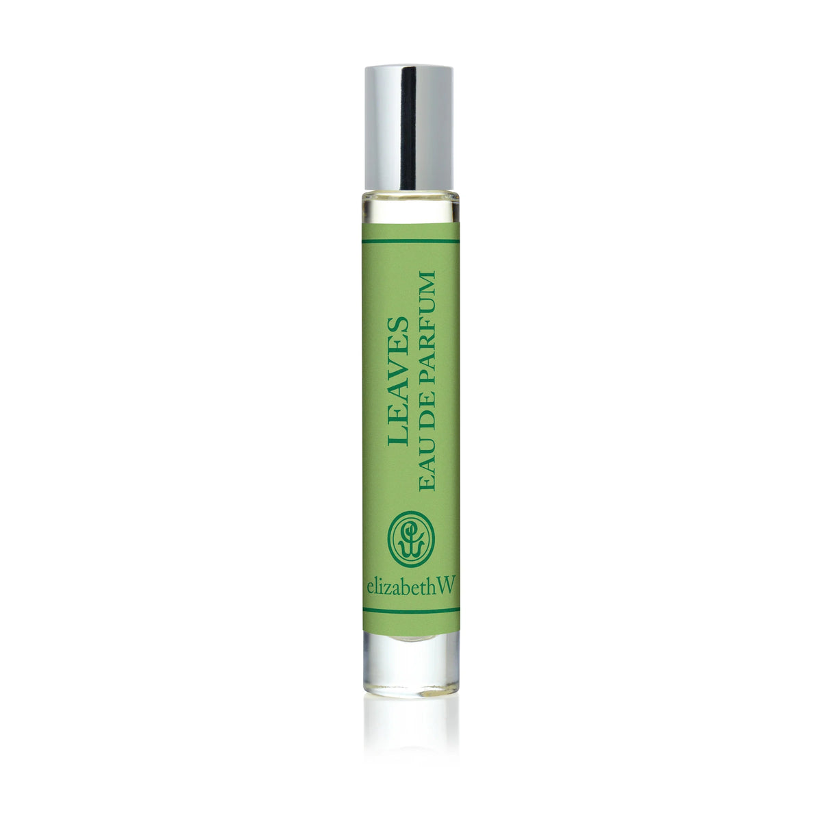 The elizabeth W Botanist's Scent Lab Leaves Rollerball features a glass bottle with a silver cap and green label reading "LEAVES EAU DE PARFUM" and "elizabethW," plus a logo near the bottom.