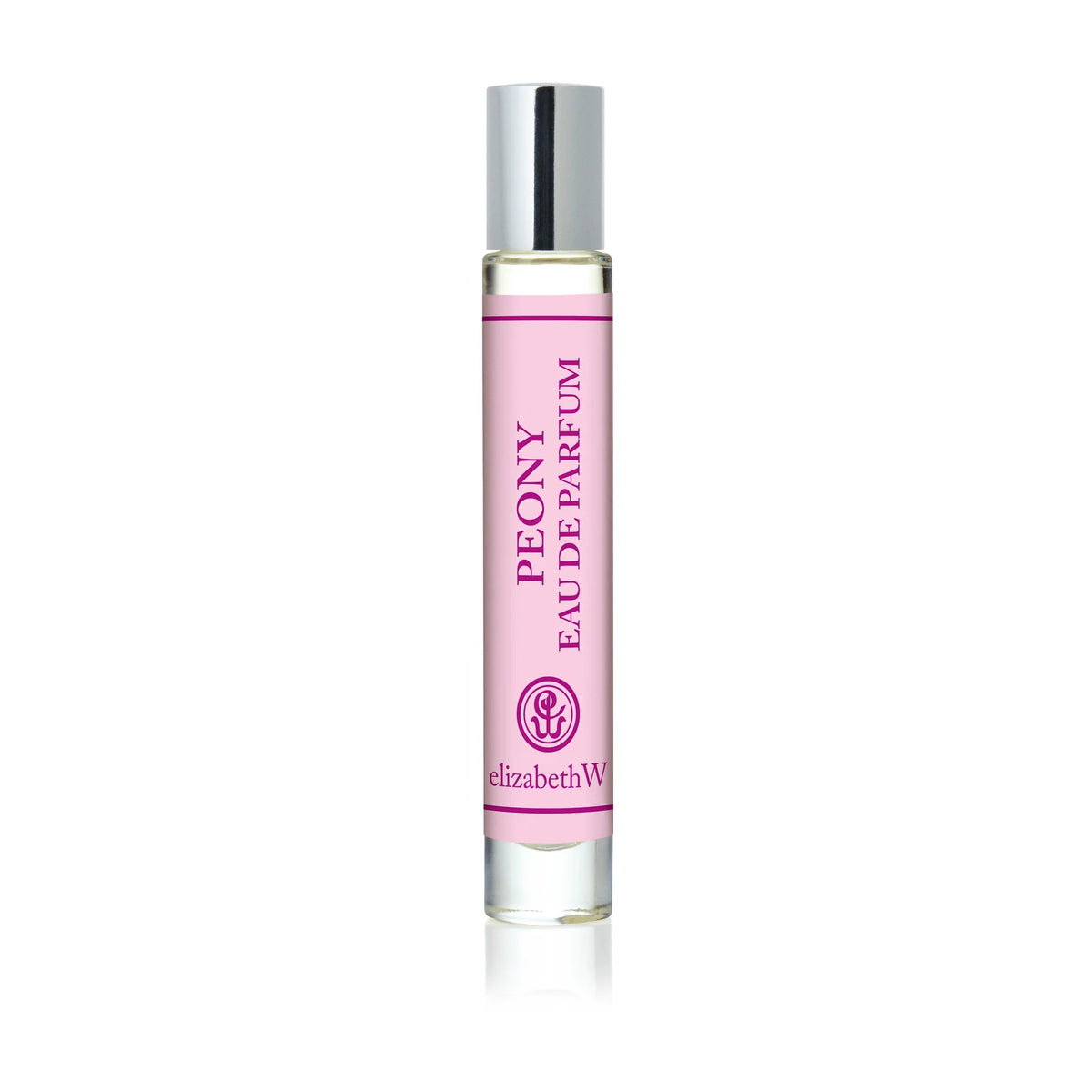 A clear glass rollerball bottle with a silver cap, filled with pink liquid, features a delicate floral scent. The label reads "elizabeth W Botanist's Scent Lab Peony Rollerball" and displays a subtle pink floral logo.