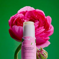 A pink tube of Roger & Gallet Rose Wellbeing Solid Perfume stands before a blooming pink flower on a green background, featuring an alcohol-free formula with natural ingredients.