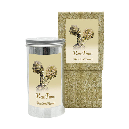 The La Bouquetiere Rose Petal Rice Body Powder Canister offers lasting freshness with its silver tin featuring a beige label and ornate design of a woman's face and rose, complemented by an elegant box, ensuring your skin remains fresh and beautifully scented.