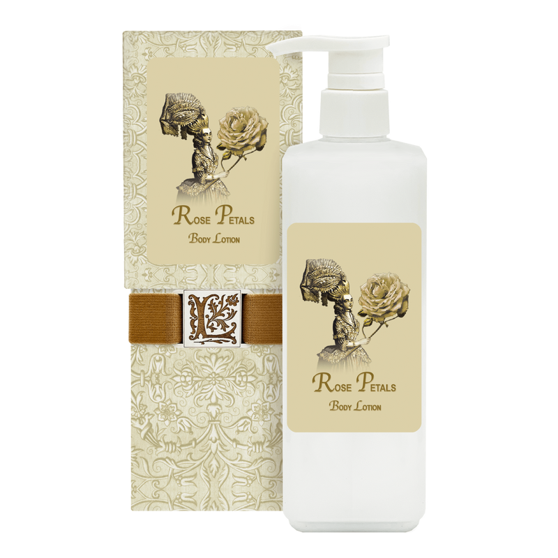 A bottle of La Bouquetiere Rose Petal Body Lotion next to its packaging box, both decorated with a floral and skull pattern in a beige and golden color scheme.