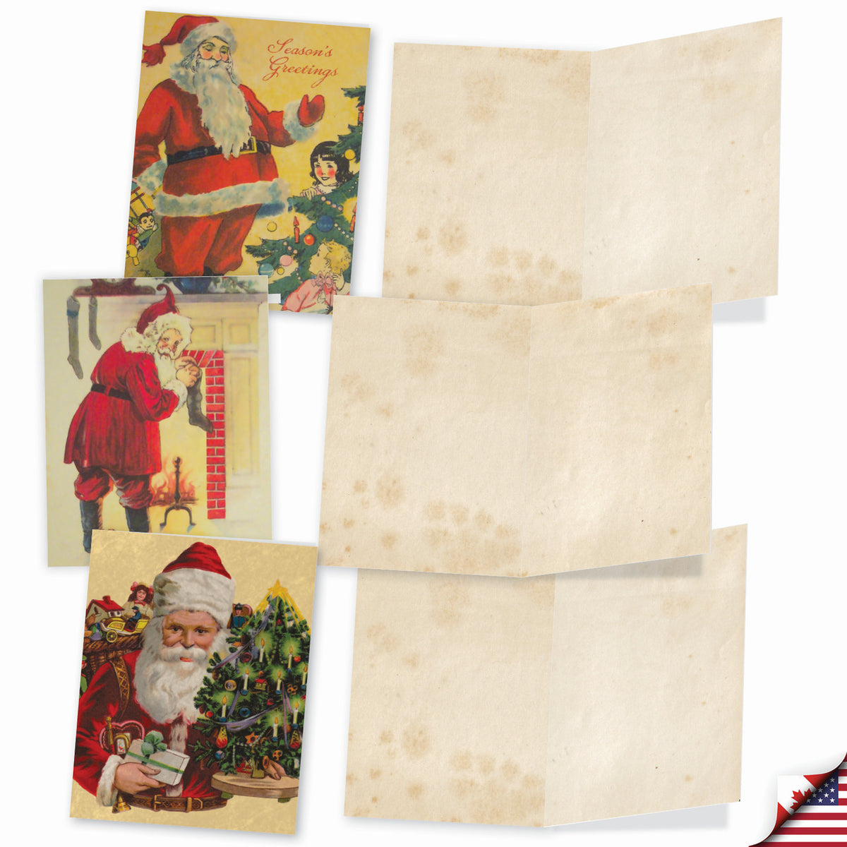 Three "Boxed Note Cards - Santiques" by The Best Card Co. feature retro Santa illustrations and two blank, slightly stained folded cards on a white background, with an American flag stamp shown in the lower right corner.