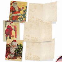 Three "Boxed Note Cards - Santiques" by The Best Card Co. feature retro Santa illustrations and two blank, slightly stained folded cards on a white background, with an American flag stamp shown in the lower right corner.