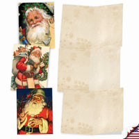 On the left are three Santiques boxed note cards by The Best Card Co.; on the right, four blank, vintage-look sheets ideal for holiday stationery. A small U.S. flag appears in the bottom right corner.
