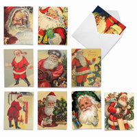 The Best Card Co. Boxed Note Cards - Santiques: a set of eight blank retro Christmas note cards featuring assorted Santa Claus illustrations, each with an opened envelope shown in the top right corner.