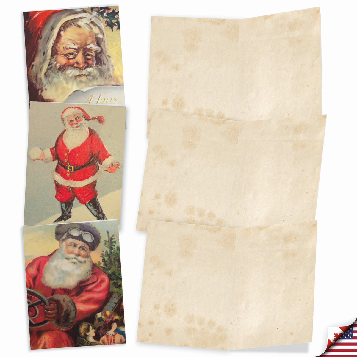 The Best Card Co.'s "Boxed Note Cards - Santiques" features three vintage Santa Claus illustrations on the left and three aged, blank holiday note cards on the right, with part of an American flag in the lower right corner.