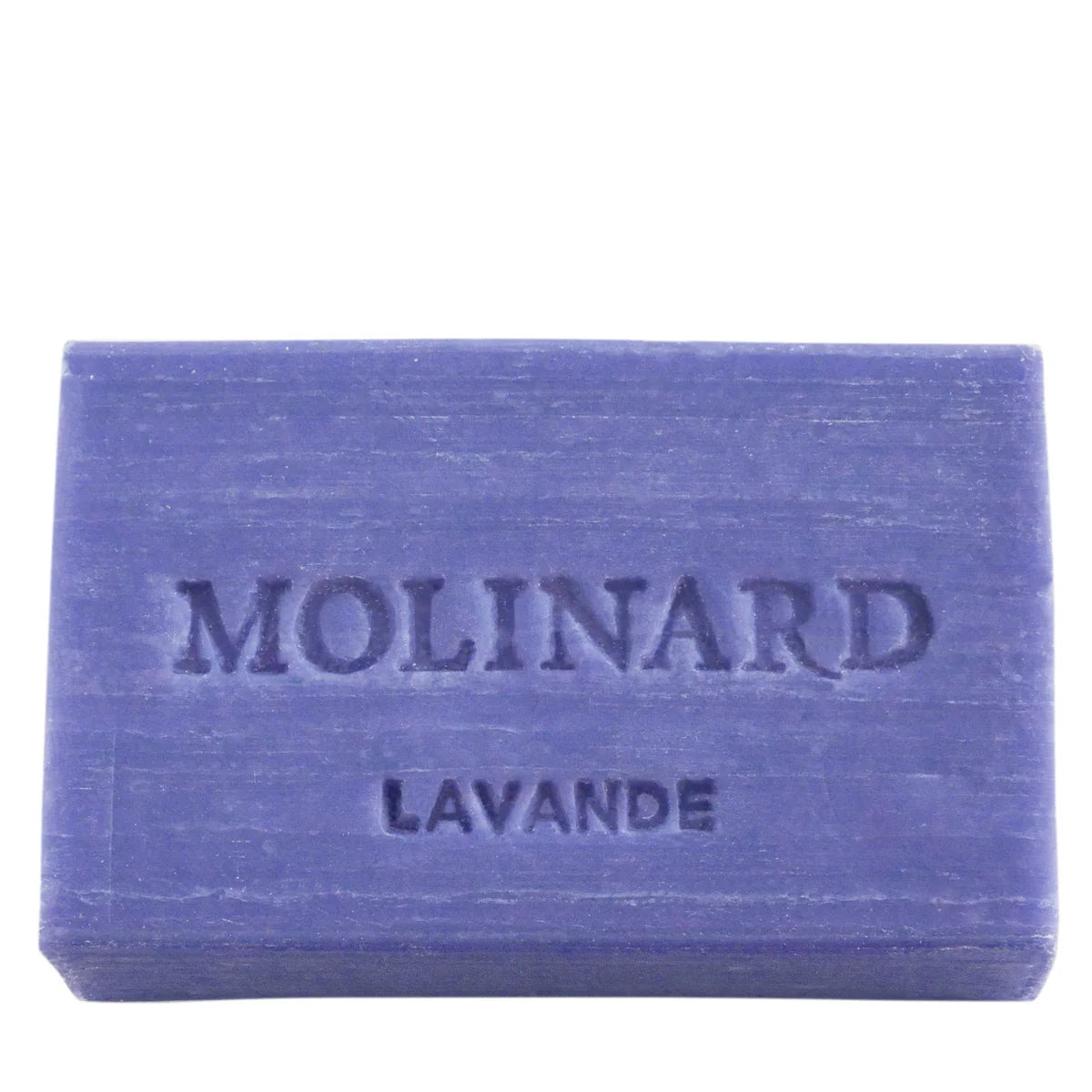 A rectangular purple bar of Molinard Soap - Lavender from Molinard, embossed with "MOLINARD LAVANDE," sits against a plain white background.