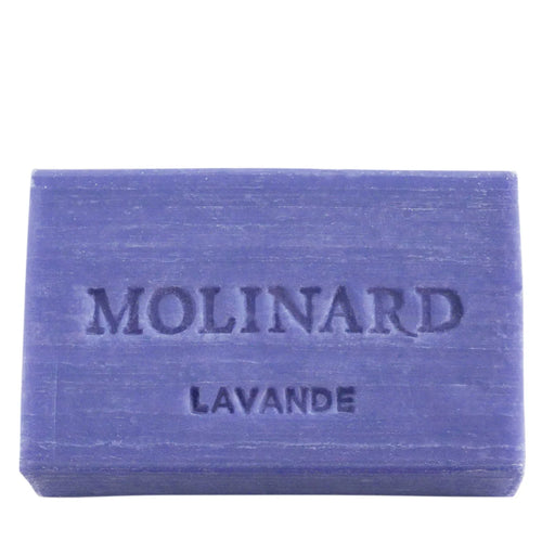 A rectangular purple bar of Molinard Soap - Lavender from Molinard, embossed with "MOLINARD LAVANDE," sits against a plain white background.