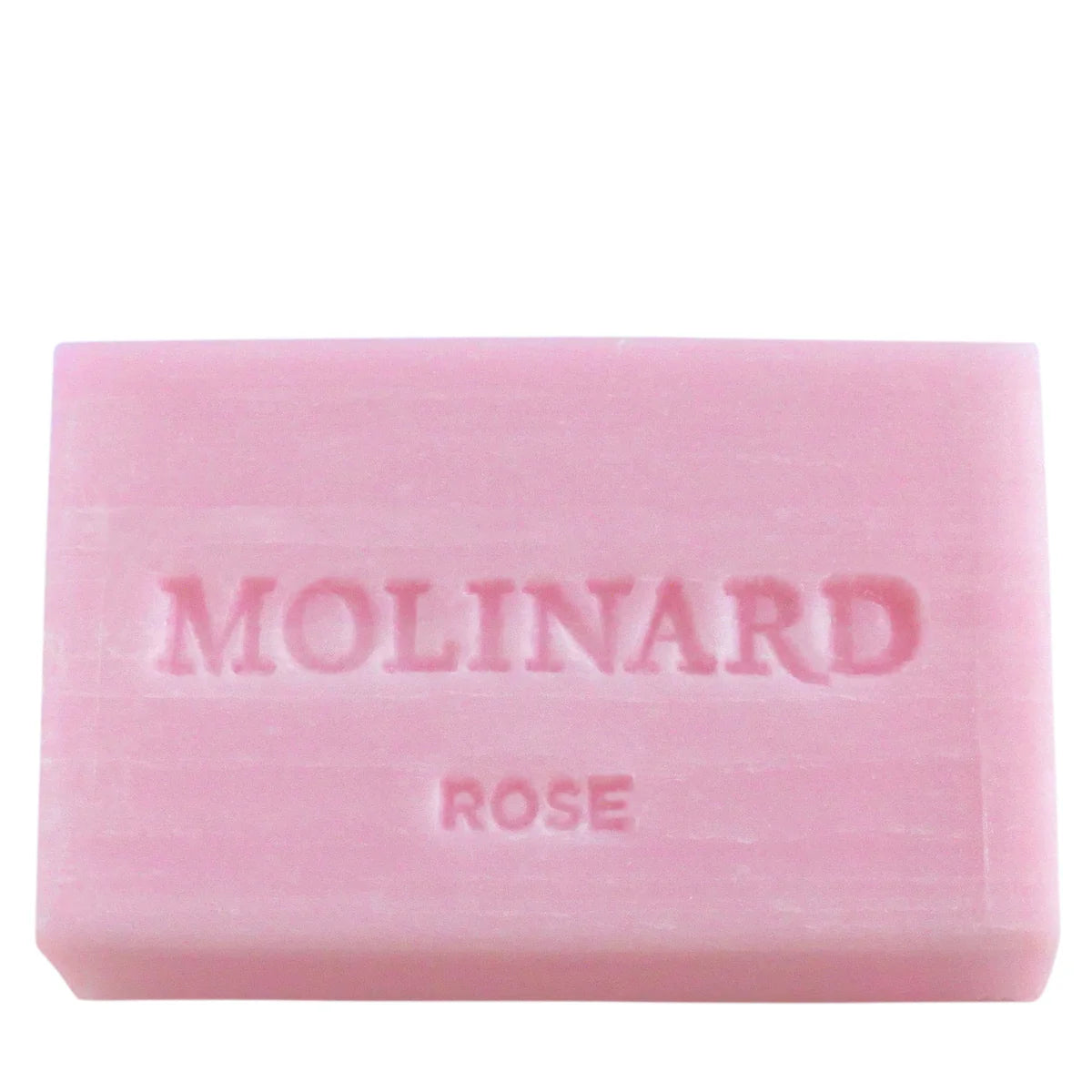 A rectangular pink Molinard Soap - Rose bar from Molinard, featuring "MOLINARD ROSE" embossed on its surface.