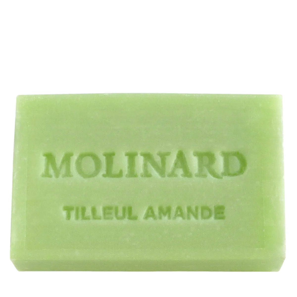 The Molinard Soap - Linden and Almond is a rectangular green French artisanal bar by Molinard, embossed with "Molinard Tilleul Amande" and offering a delicate linden and almond scent.