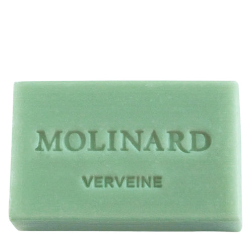 The Molinard Soap - Verveine is a luxurious rectangular green bar by Molinard, embossed with "MOLINARD" and "VERVEINE," perfect for an indulgent bathing experience.