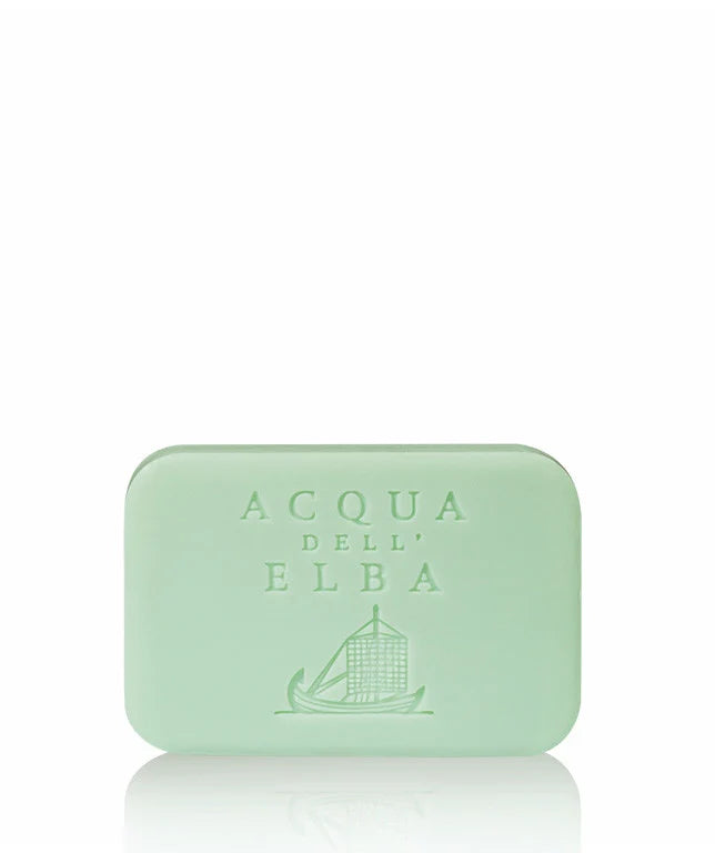 A pastel light green rectangular bar of premium "Acqua dell'Elba Arcipelago Uomo Body Soap" features a sailboat logo and brand name embossed on its surface. The plain white background enhances the soap's refreshing Mediterranean fragrance.