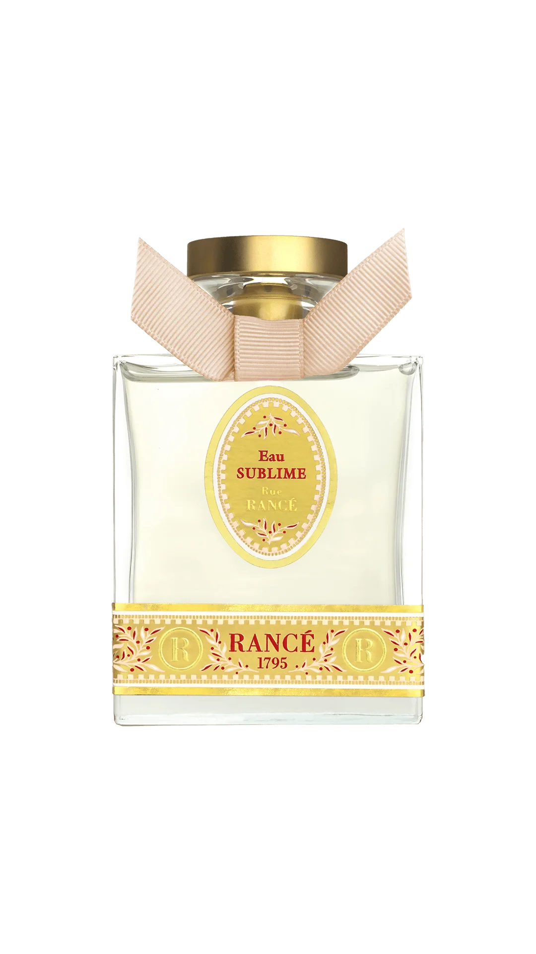 Rancé Sublime Eau de Parfum by Rancé comes in a square glass bottle with a gold cap and beige ribbon, adorned with yellow ornate details that echo the refined elegance of its floral fragrance.