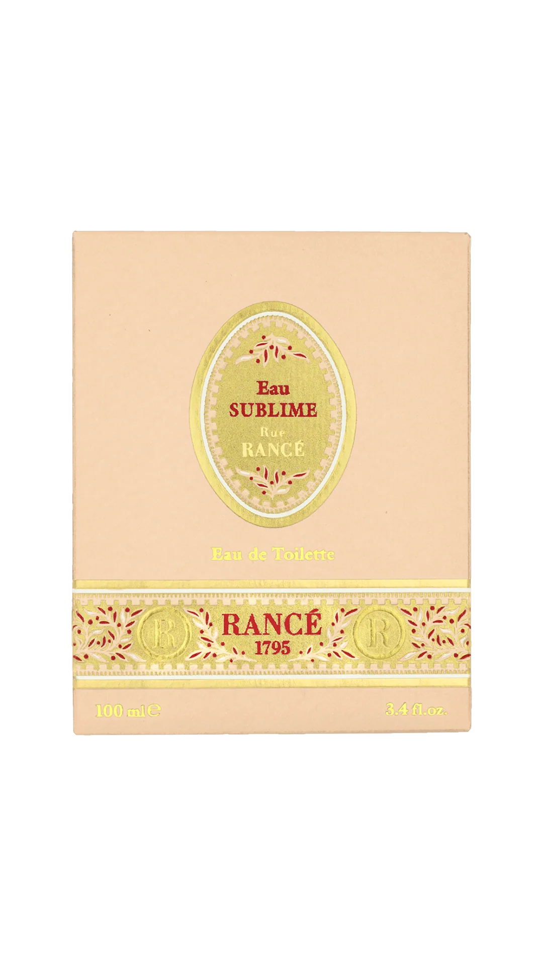 A beige box of Rancé Sublime Eau de Parfum by Rancé, adorned with gold and red accents and “Eau de Parfum” plus “100 mL / 3.4 fl. oz.” at the bottom—a luxurious floral fragrance.