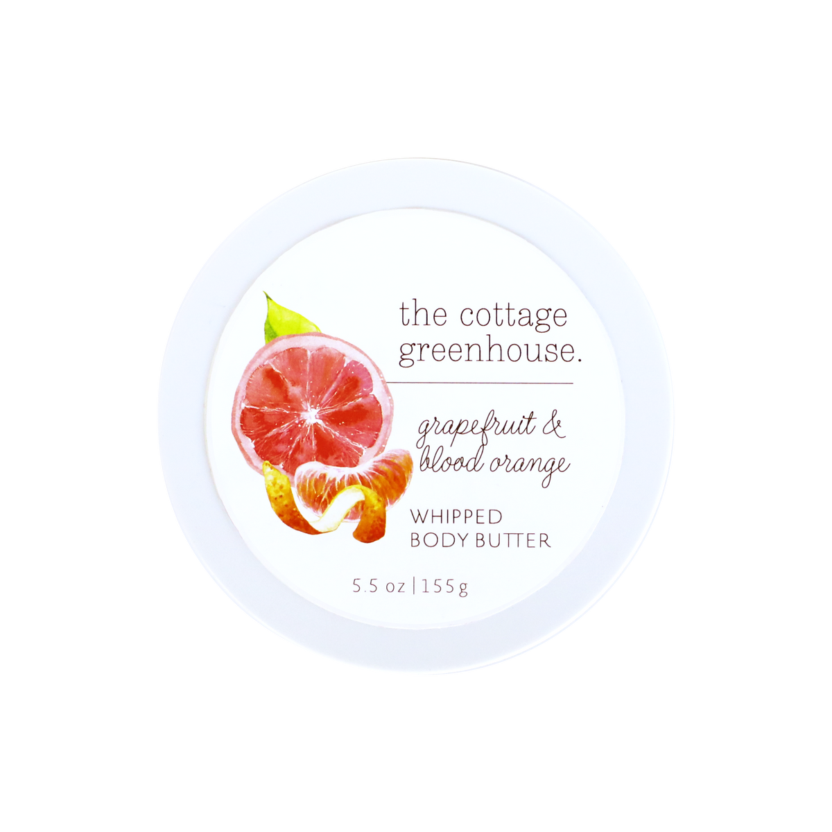 The Cottage Greenhouse Grapefruit & Blood Orange Body Butter by Margot Elena comes in a round white 5.5 oz container with watercolor citrus art on the lid, emphasizing this natural, moisturizing formula.