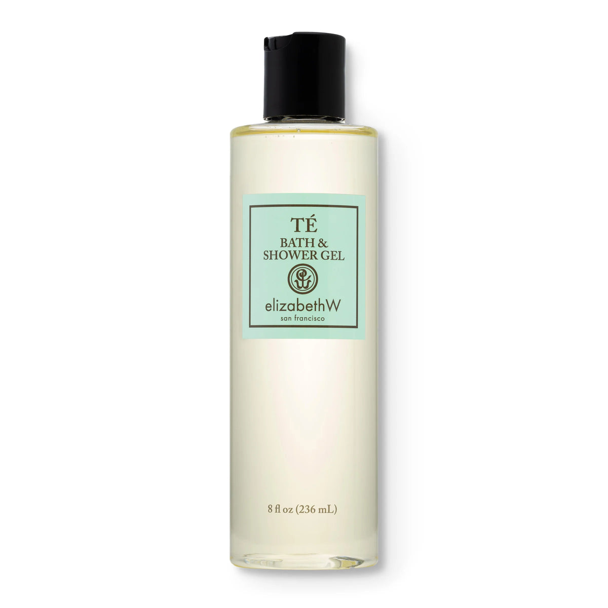 A clear plastic bottle with a black cap holds elizabeth W Signature Té Bath & Shower Gel, infused with Amalfi lemons and oriental black teas. The light green label displays the brand, product name, and size: 8 fl oz (236 mL).