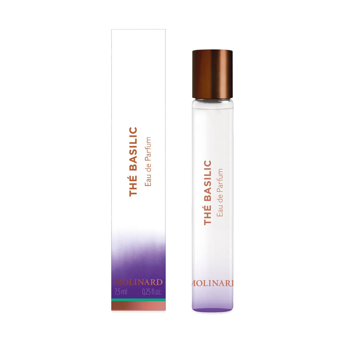 A clear Molinard Thé Basilic Eau de Parfum Roll-On stands next to its white, purple, and copper-accented box. Both feature the perfume name and Molinard brand in orange text, highlighting this fresh basil scent.