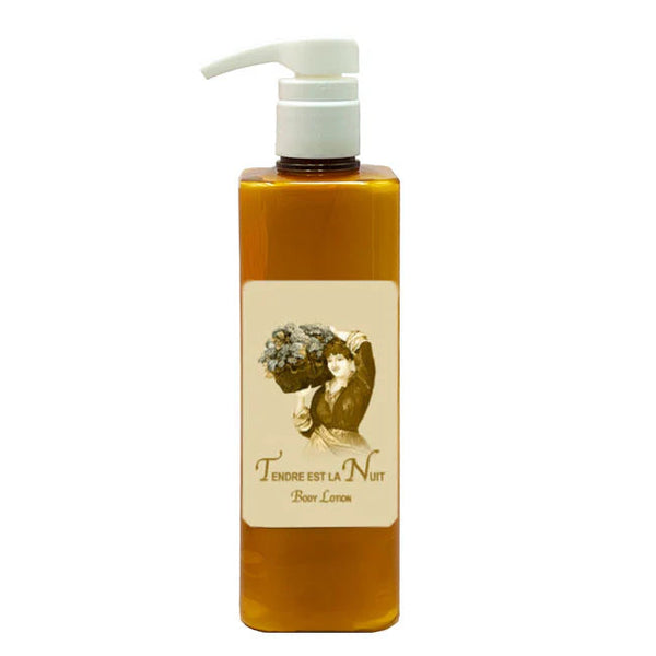 The La Bouquetiere Tendre est la Nuit Body Lotion comes in a rectangular amber pump bottle with a vintage-style label showing a woman holding flowers, and is enriched with active aloe for youthful elasticity.