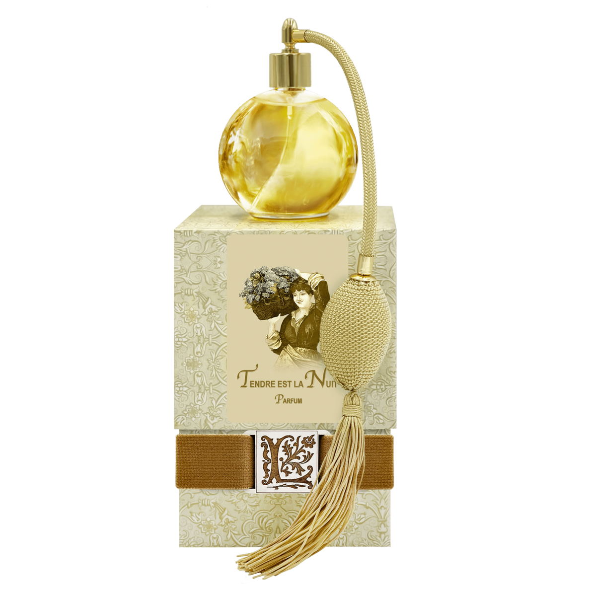 A vintage La Bouquetiere Tendre est la Nuit French Perfume bottle with a tassel and an ornate box featuring jasmine, primrose, and ylang-ylang designs, along with an image of a woman.