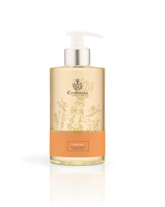 Carthusia I Profumi di Capri Terra Mia Liquid Soap comes in a clear pump bottle with an orange label and gold accents, providing gentle cleansing and moisturization.