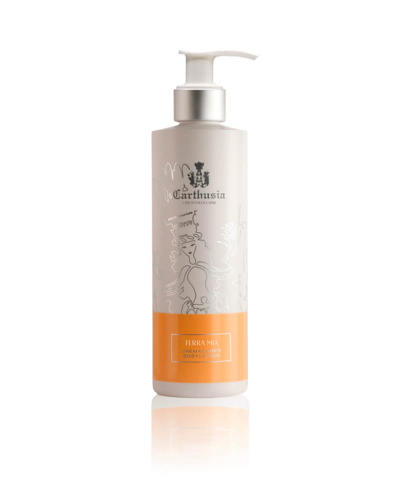 A white bottle of Carthusia I Profumi di Capri Terra Mia Body Lotion with a silver pump and orange label offers a Mediterranean scent, ideal for dry skin, and is shown on a white background.