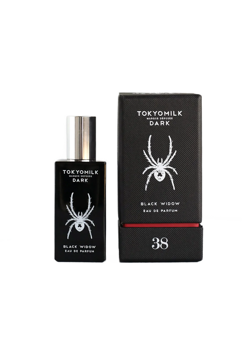 Perfume bottle and its packaging labeled "Margot Elena TokyoMilk Dark Black Widow No. 38 Eau de Parfum" with a scarlet sage illustration on both.