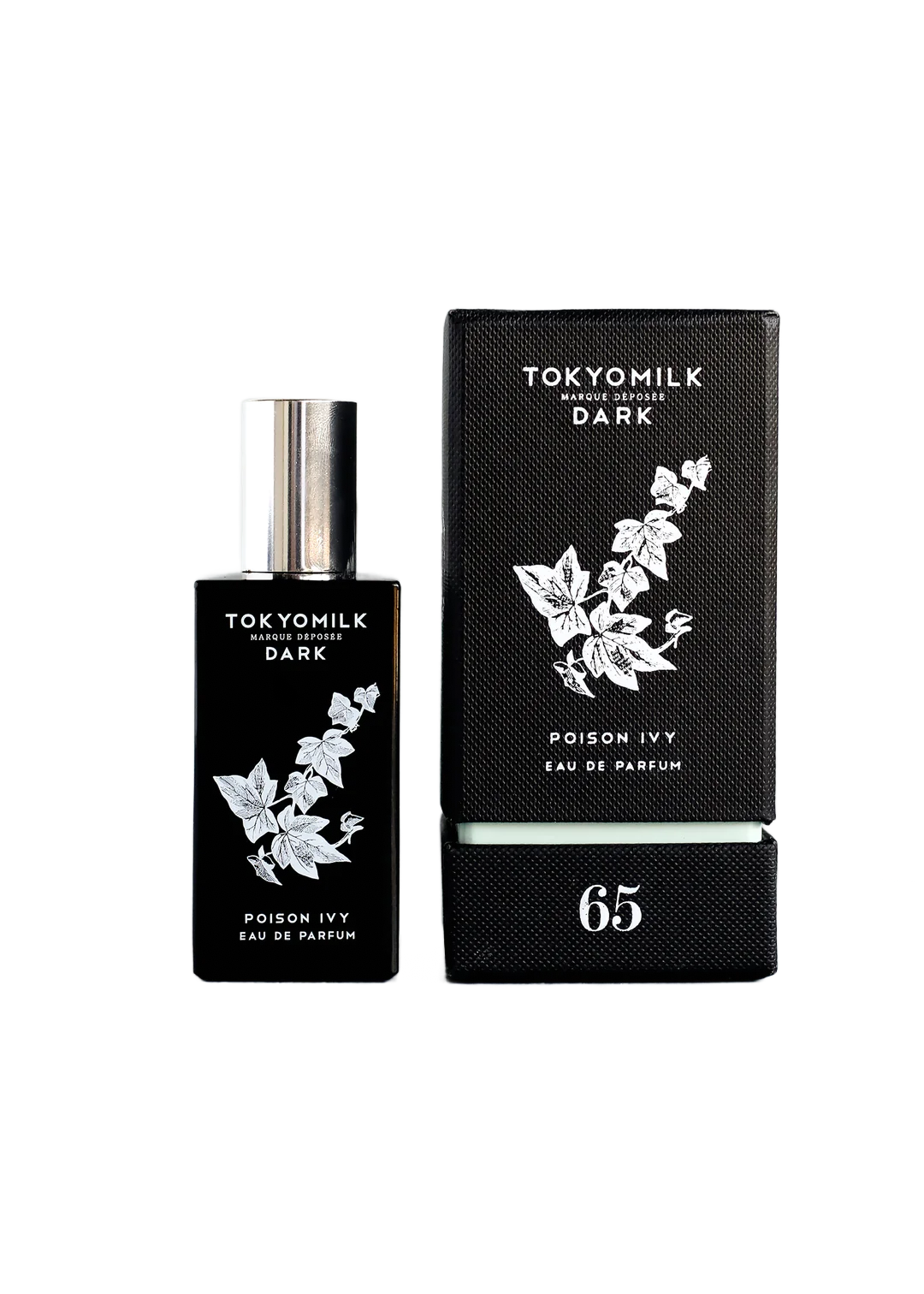 A bottle and packaging of Margot Elena TokyoMilk Dark Poison Ivy No. 65 Eau de Parfum. The bottle is black with white floral illustrations, and the packaging features a similar design with Eden Rose and the.