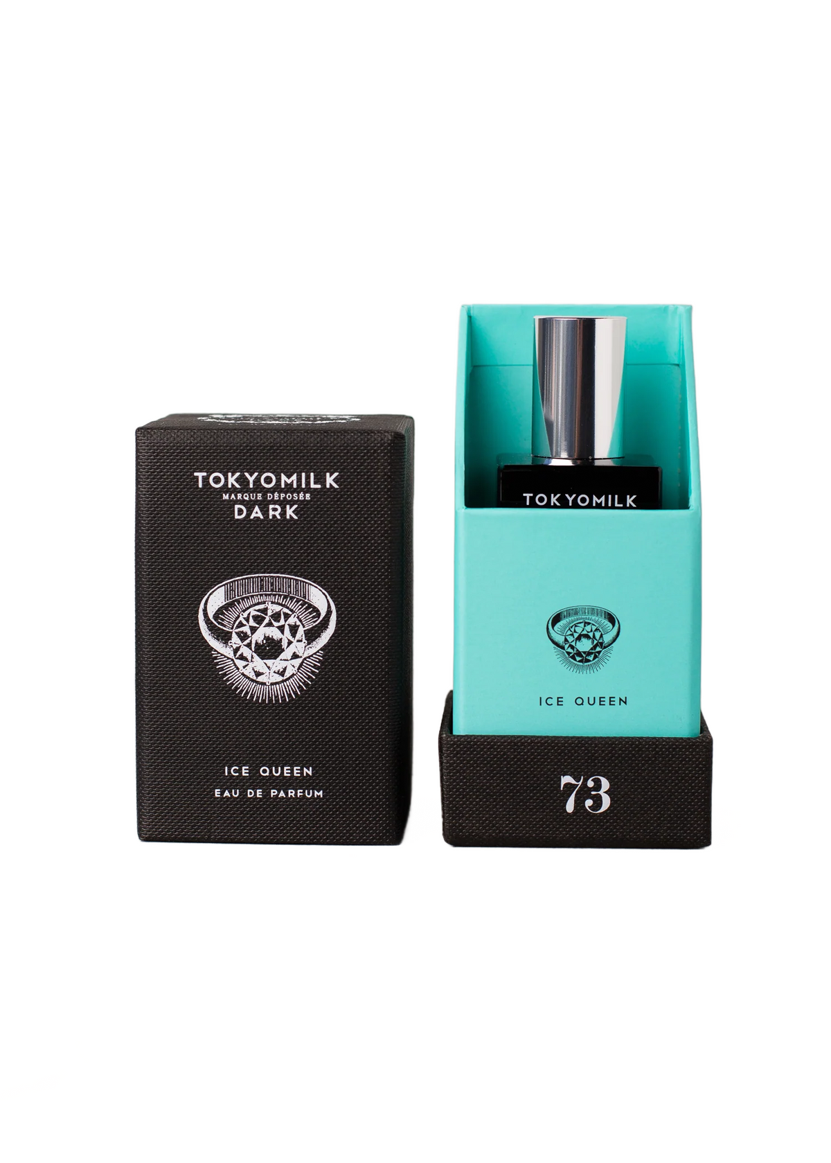 Two Margot Elena TokyoMilk Dark Ice Queen No. 73 Eau De Parfum products: a black box with silver details and a turquoise box containing an Eau De Parfum bottle, labeled '73'.