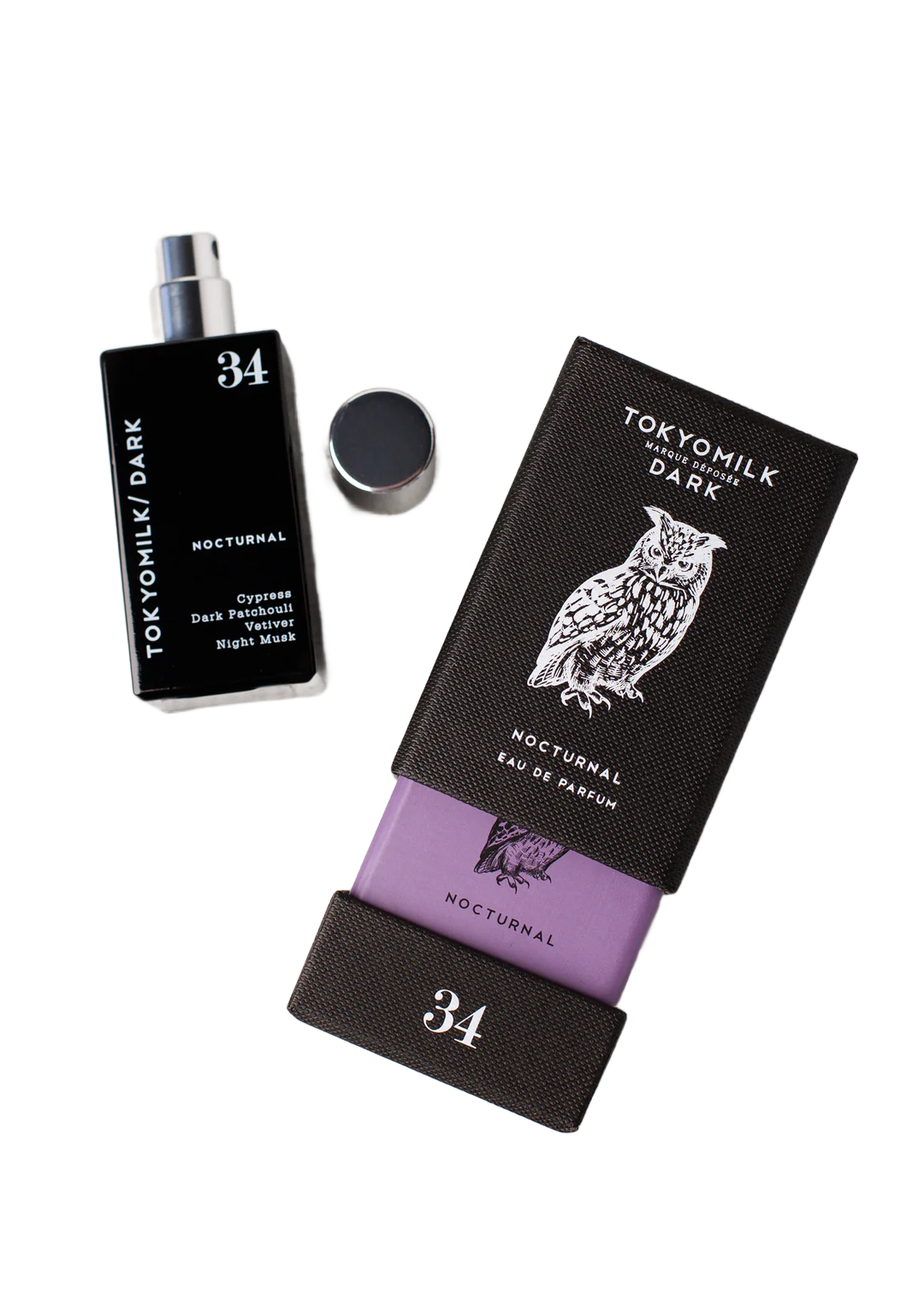An image featuring a Margot Elena TokyoMilk Dark Nocturnal No. 34 Eau de Parfum bottle next to its box, which is decorated with an owl illustration, on a white background.